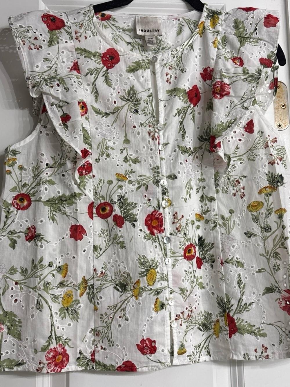 INDUSTRY White Floral Eyelet Ruffle Sleeve Button-Front Top